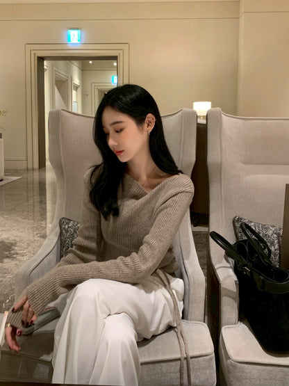 Fri. 秋冬設計感修身繫帶慵懶針織上衣 卡其/藍