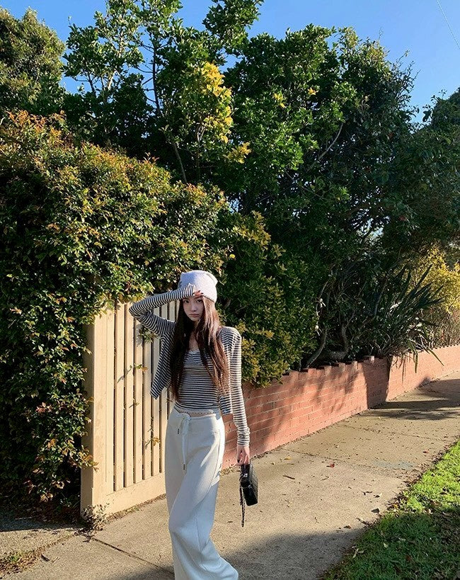 Fri. 美式慵懶妮味蕾絲V領背心外套2件套 條紋