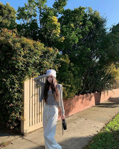 Fri. 美式慵懶妮味蕾絲V領背心外套2件套 條紋