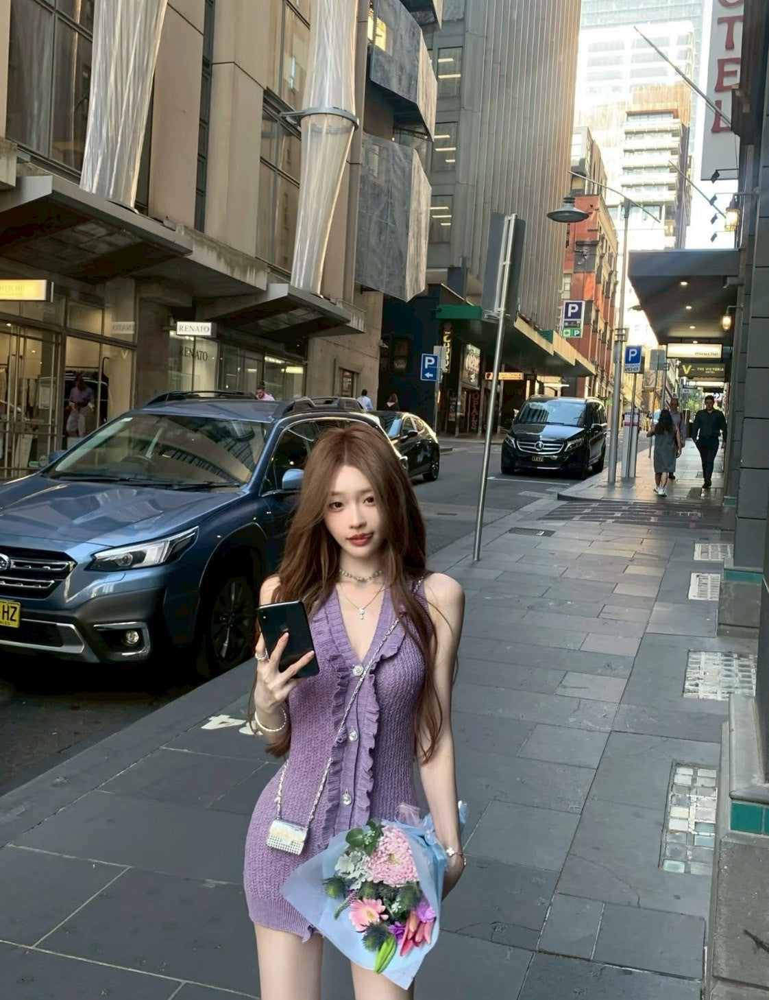 Mon. 女神一眼頂美V領緊身針織連身裙 紫