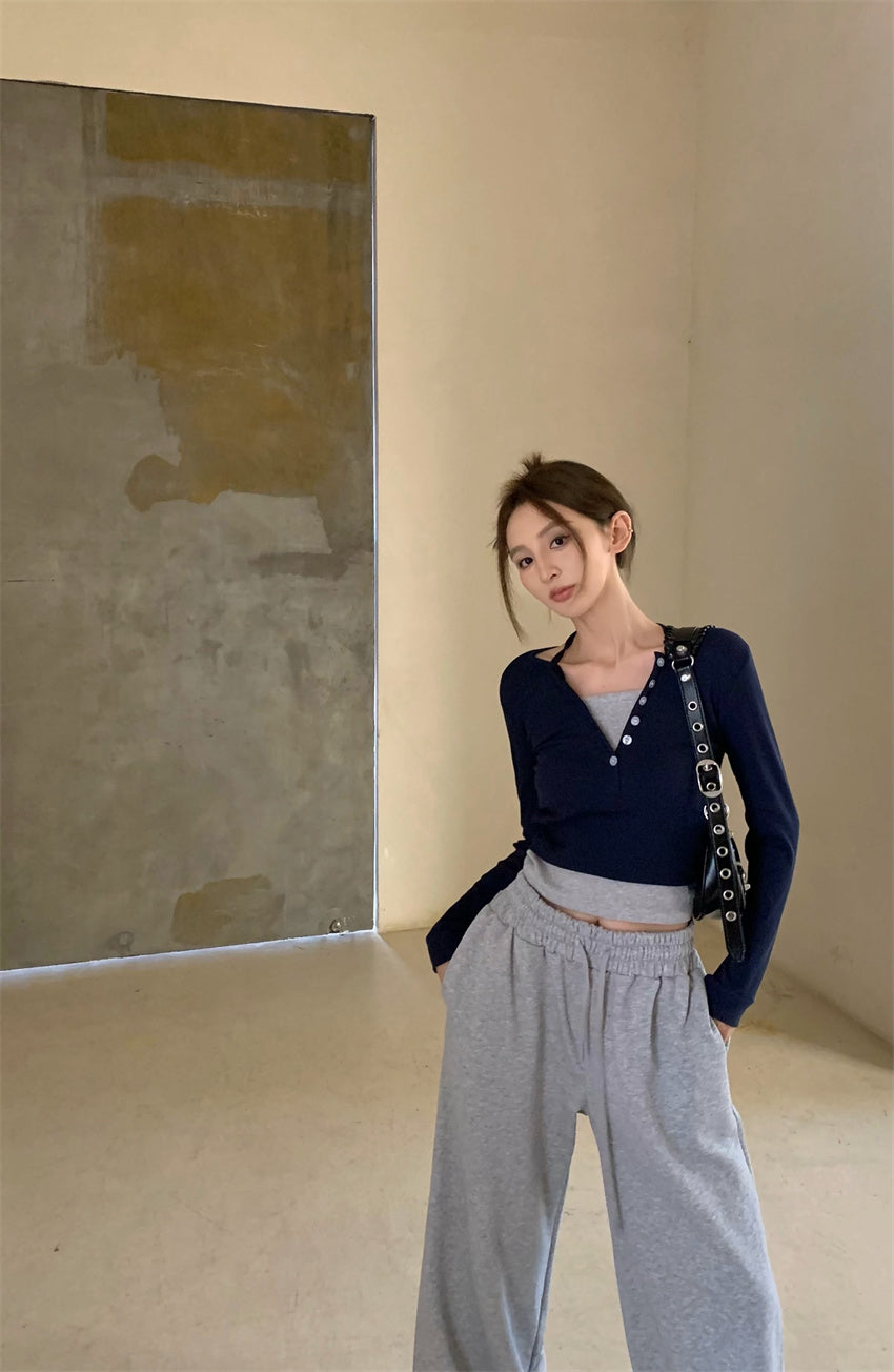 Wed. 假兩件式排扣上衣 & 運動休閒褲 灰