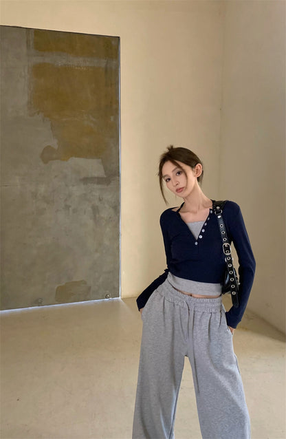 Wed. 假兩件式排扣上衣 & 運動休閒褲 灰