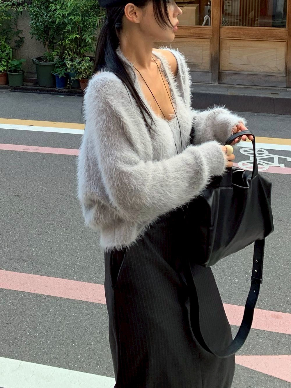 Mon. 歐美水貂毛鬆弛感上衣2件套 米/灰