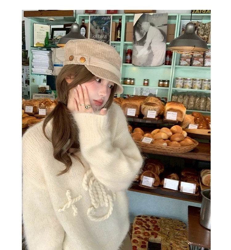 Tue. 昆丁少女圓領麻繩編針織上衣 米