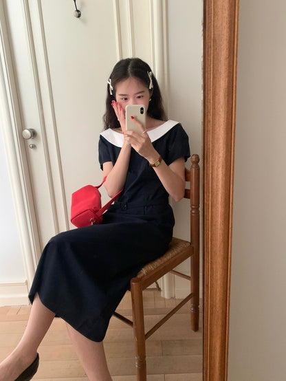 Mon. 優雅珍妮一字撞色領收腰連身裙