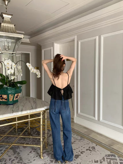 Wed. 後背綁帶美胸短版背心 黑/藍