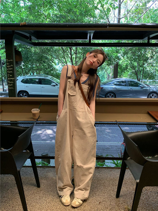 Sat. 大口袋工裝卡其吊帶褲