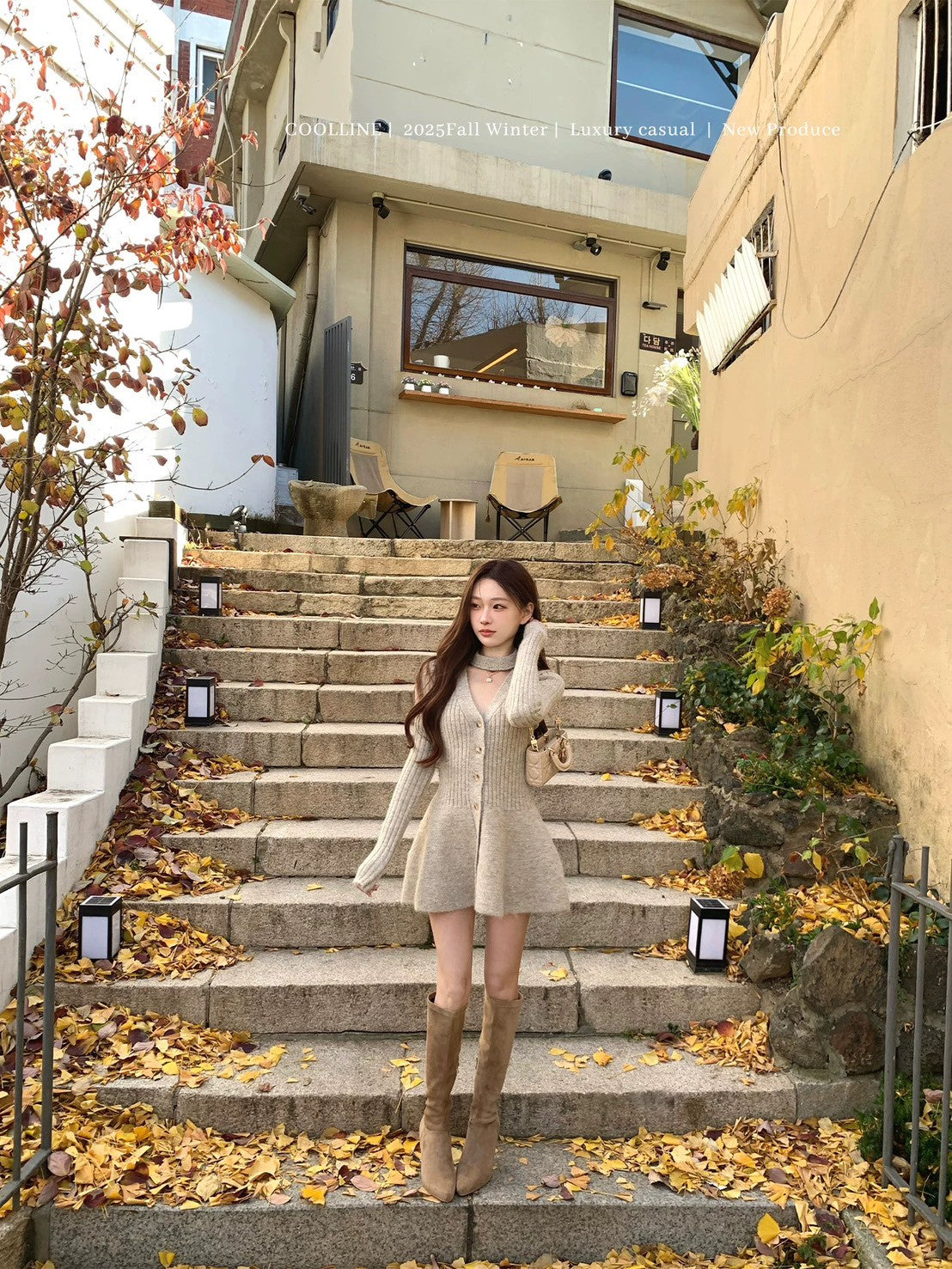 Tue. 傾心芭蕾氣質小心機針織收腰連身裙 燕麥