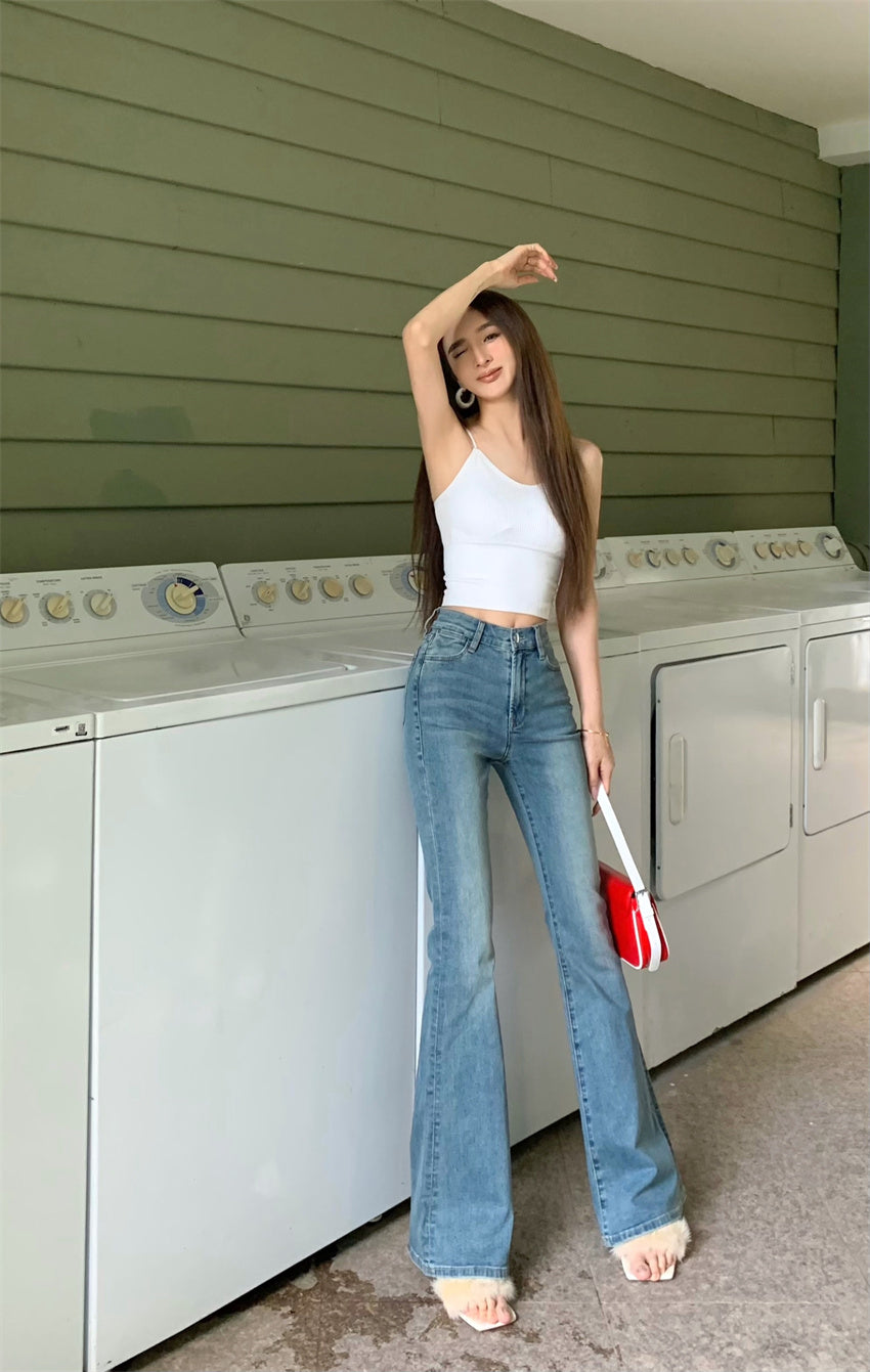 Mon. 復古顯瘦高腰喇叭褲 淺藍