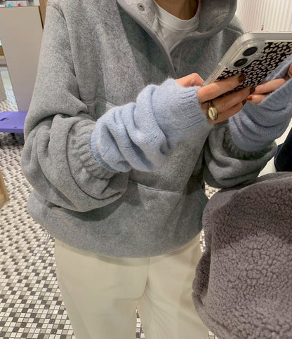 Mon. 暖呼羊羔毛立領保暖衛衣 淺灰/深灰