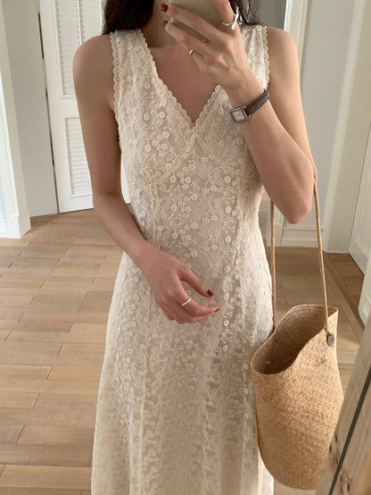 Mon. 韓系氣質蕾絲鉤花紗雙層透視連身裙