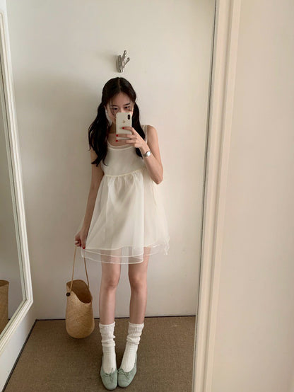 Mon. 雲朵飄飄後繫帶蝴蝶結網紗連身裙