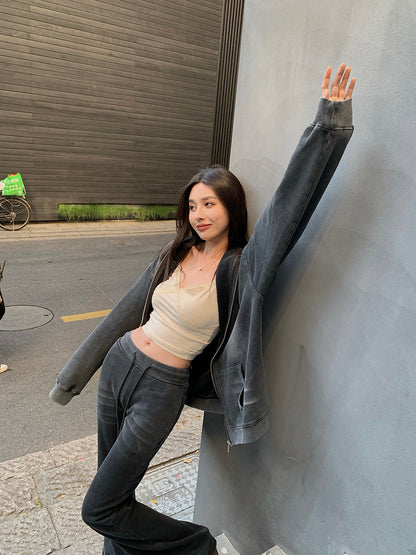 Sat. 休閒水洗灰連帽外套 微喇叭休閒褲