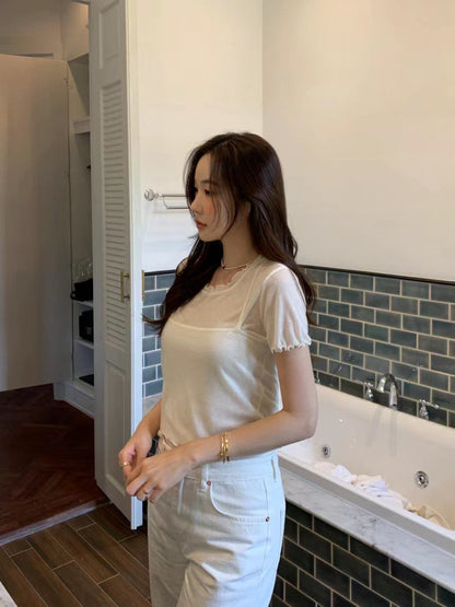 Thu. 顯嫩少女波浪袖兩件式疊穿上衣 米白/粉色