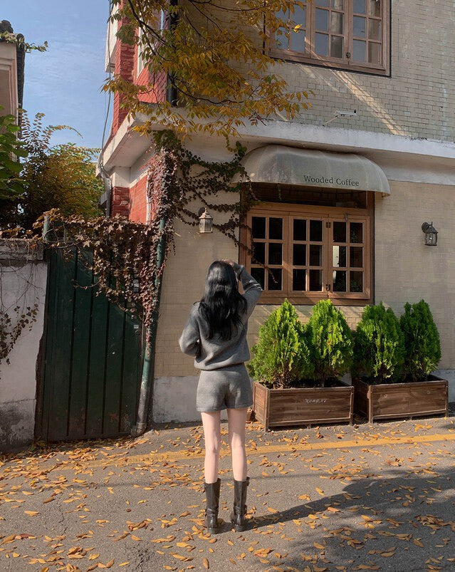 Fri. 慵懶立領針織短褲套裝 灰/米