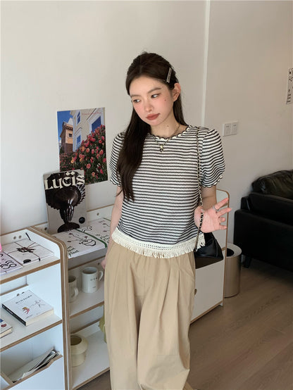 Wed. 編織流蘇繞邊條紋上衣