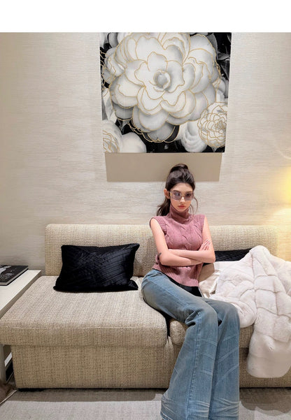 Tue. Oni小高領’’氣質麻花百搭針織背心 霧粉