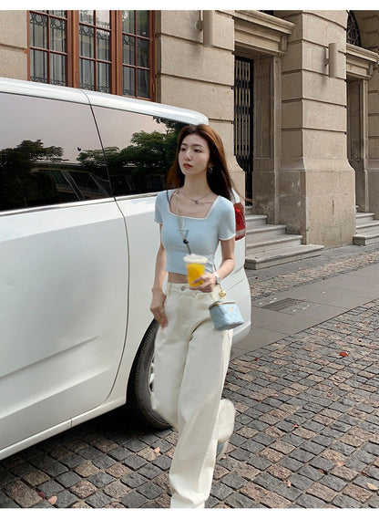 Tue. 休閒小白褲 日常百搭高腰直筒褲