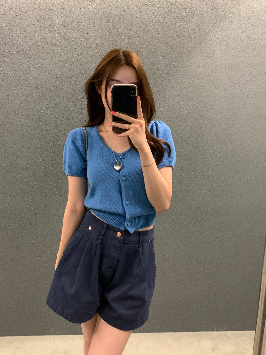 Tue. 泡泡袖針織圓領上衣 藍