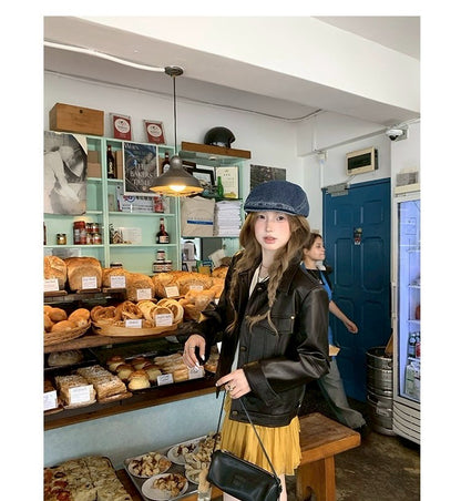 Thu. 黑皮手冊翻領中短款修身皮革外套