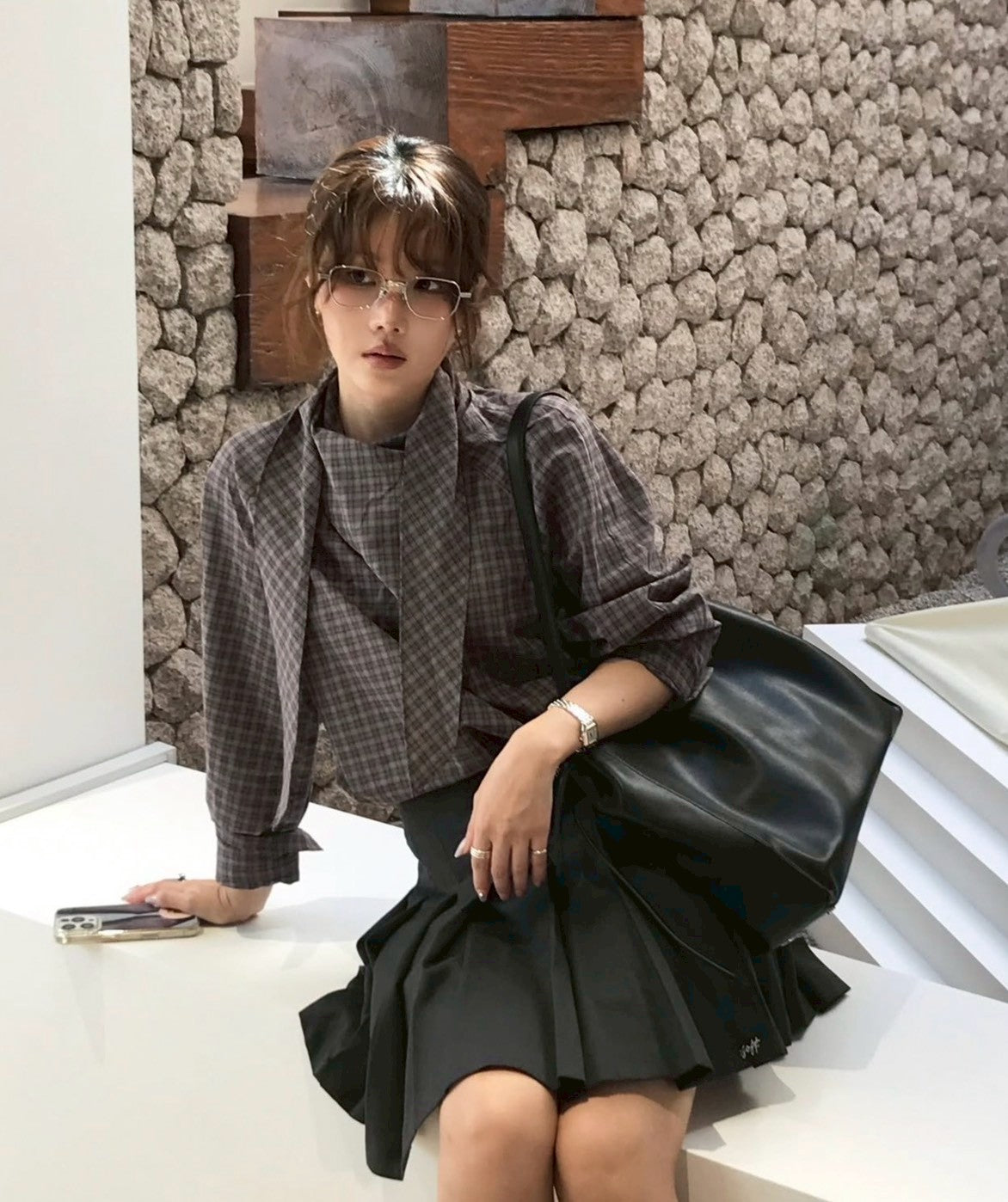 Mon. 復古格紋飄帶襯衫