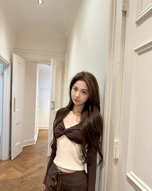 Fri. 復古蝴蝶扭結撞色長袖磨毛上衣 粉/咖白