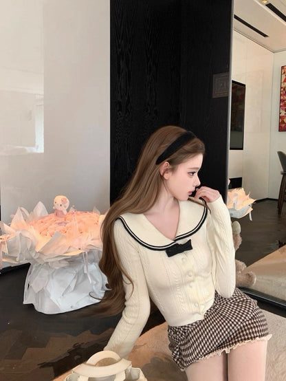 Tue. 韓女冬日海軍風撞色針織上衣 千鳥格紋裙