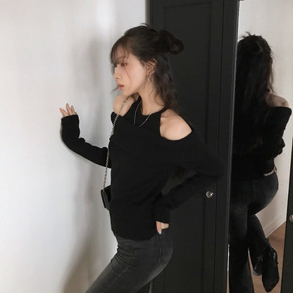 Mon. 純慾滿分 假兩件式露肩修身針織上衣 黑