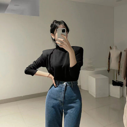 Mon. 韓chic百搭磨毛墊肩高領上衣 黑