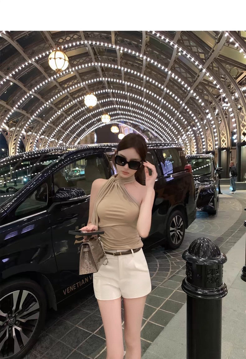 Fri. 氣質韓女顯瘦一體飄帶背心 卡其