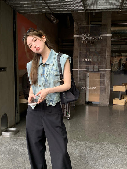 Thu. 不對稱單扣繞繩無袖牛仔外套