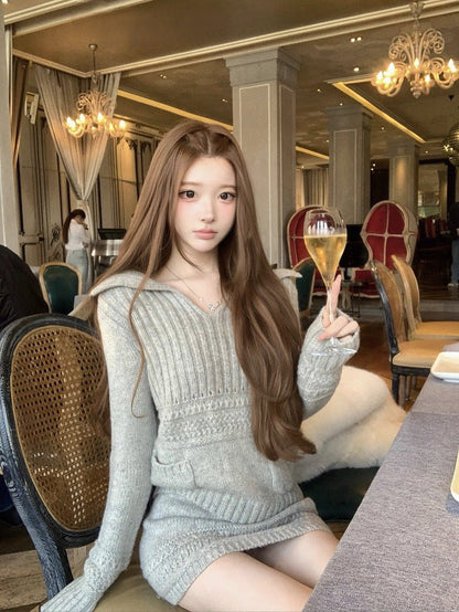 Tue. 氣質冷女高雅灰大翻領口袋羊毛半裙套裝