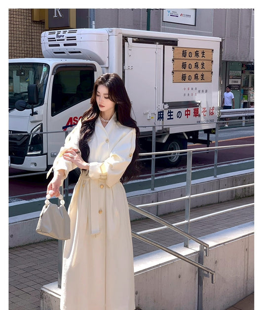 Mon. 諾丁山秋冬雙排扣混紡風衣 玉白/深卡其