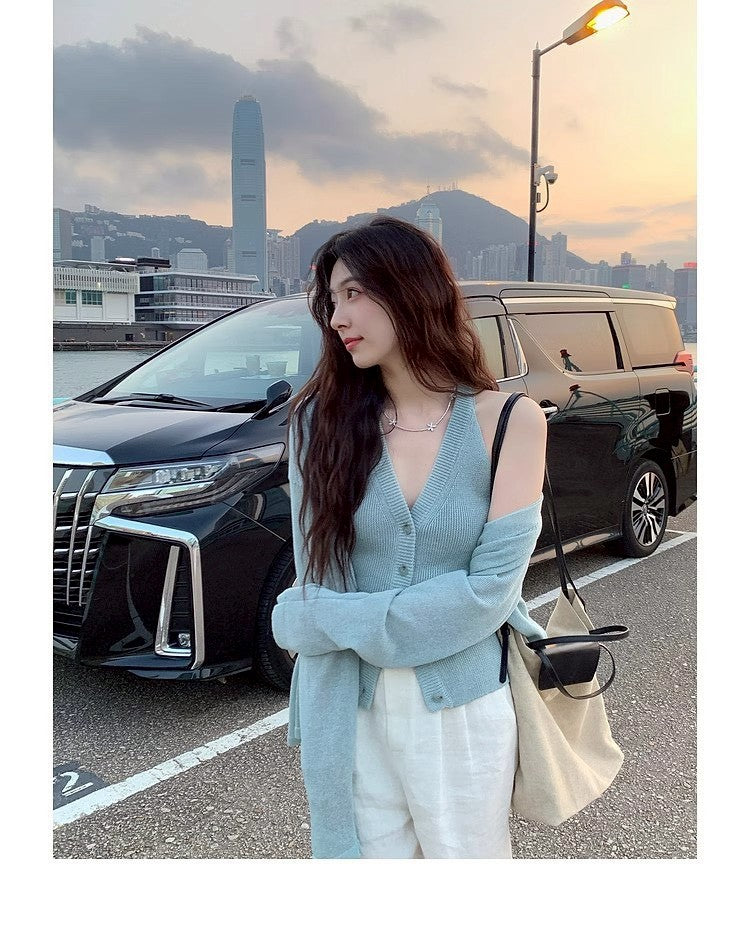 Thu. 自由領落仿天絲亞麻針織上衣2件套 鹽藍