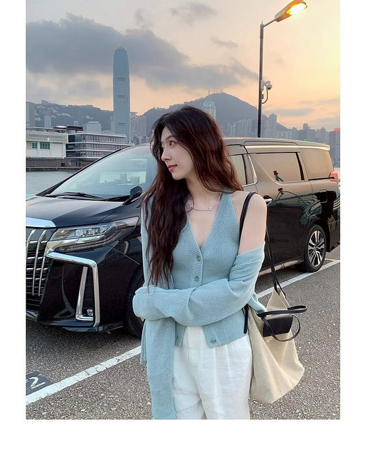 Thu. 自由領落仿天絲亞麻針織上衣2件套 鹽藍