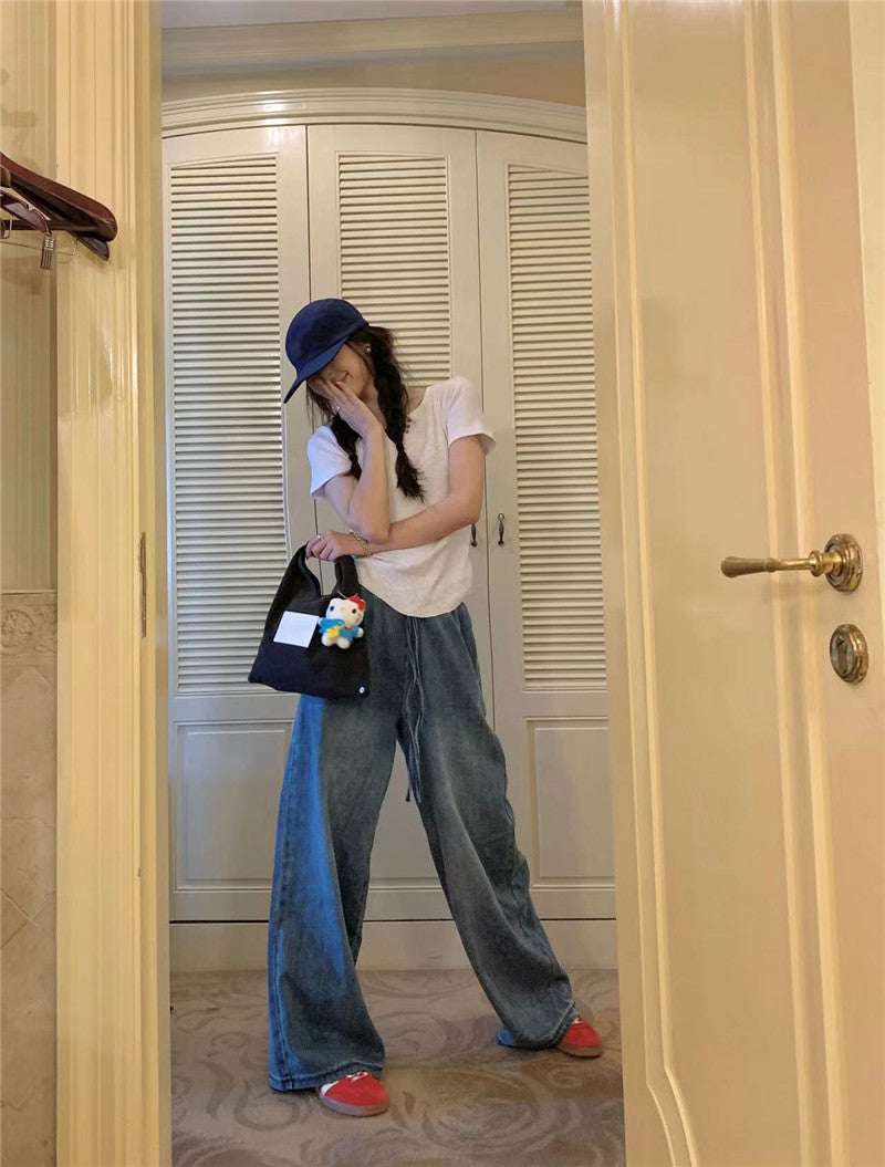 Thu. 牛仔繩綁帶鬆緊牛仔拖地長褲