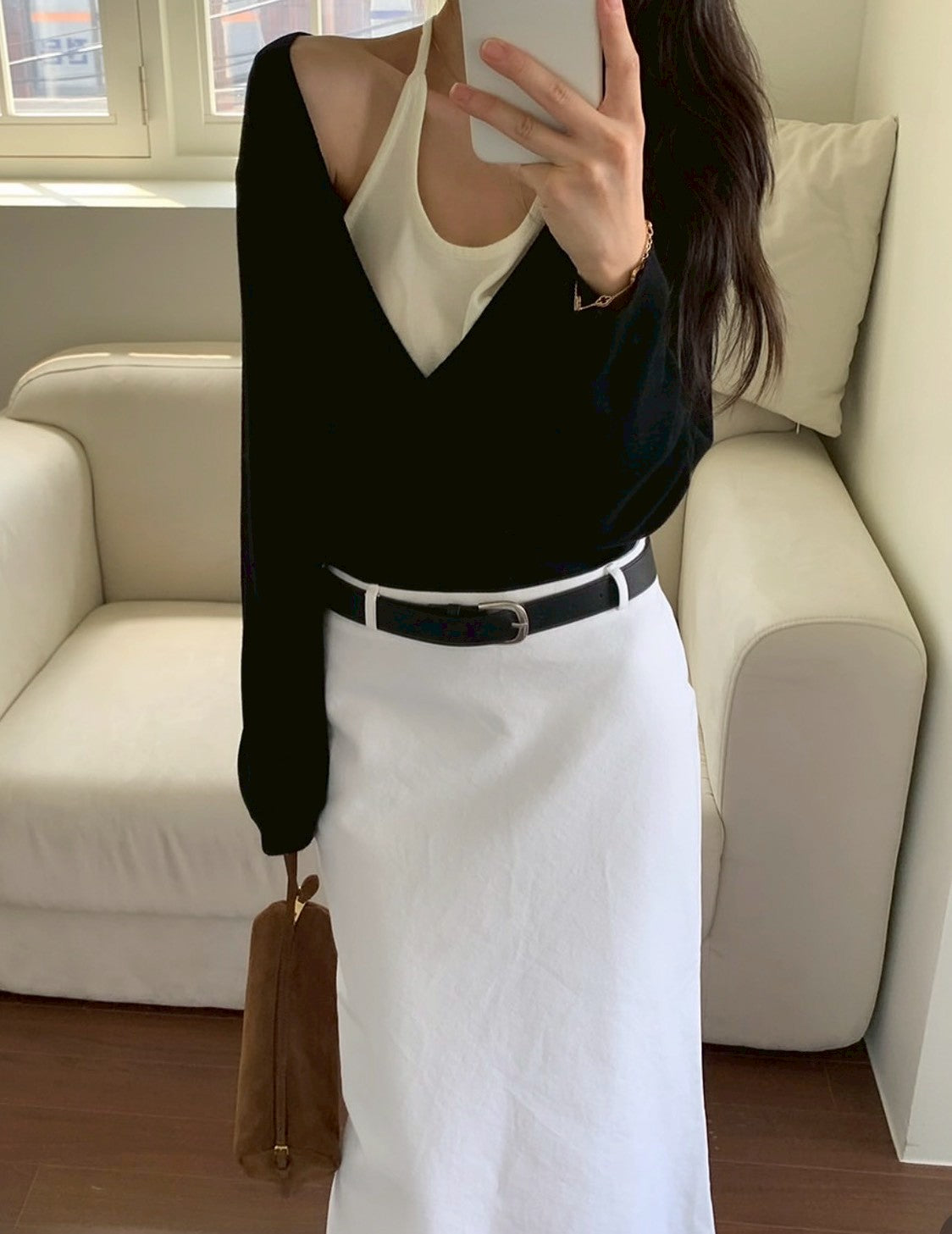 Fri. 氣質假兩件式撞色針織上衣 黑拼白/灰拼色