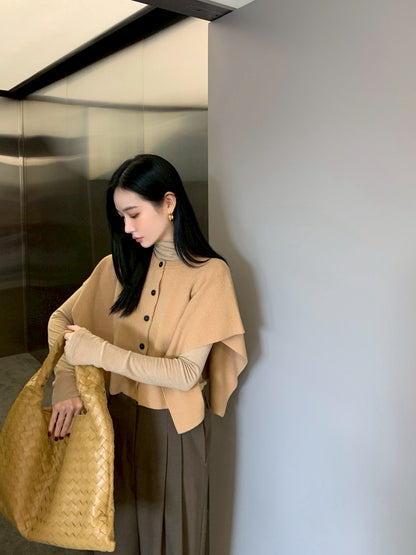 Fri. 氣質韓chic針織疊穿斗篷 卡其/灰黑