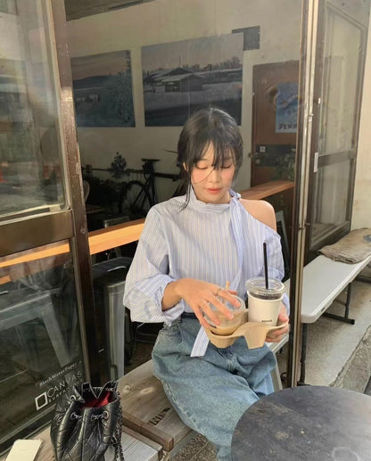 Mon. 復古韓早春條紋綁帶露肩上衣 藍