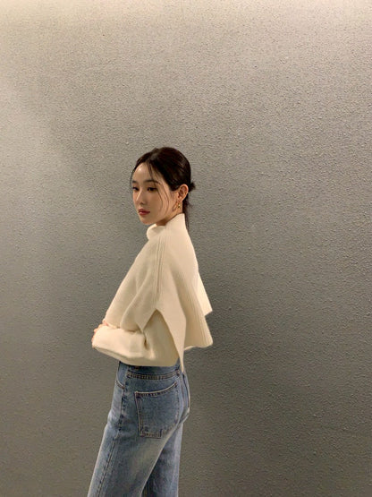 Fri. 斗篷疊穿氣質針織顯瘦2件式上衣 杏/黑