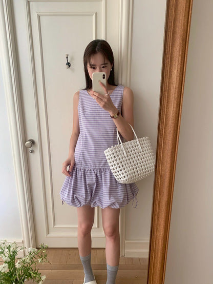 Mon. 紫色浪漫背心拼接花苞抽繩連身裙 格紋