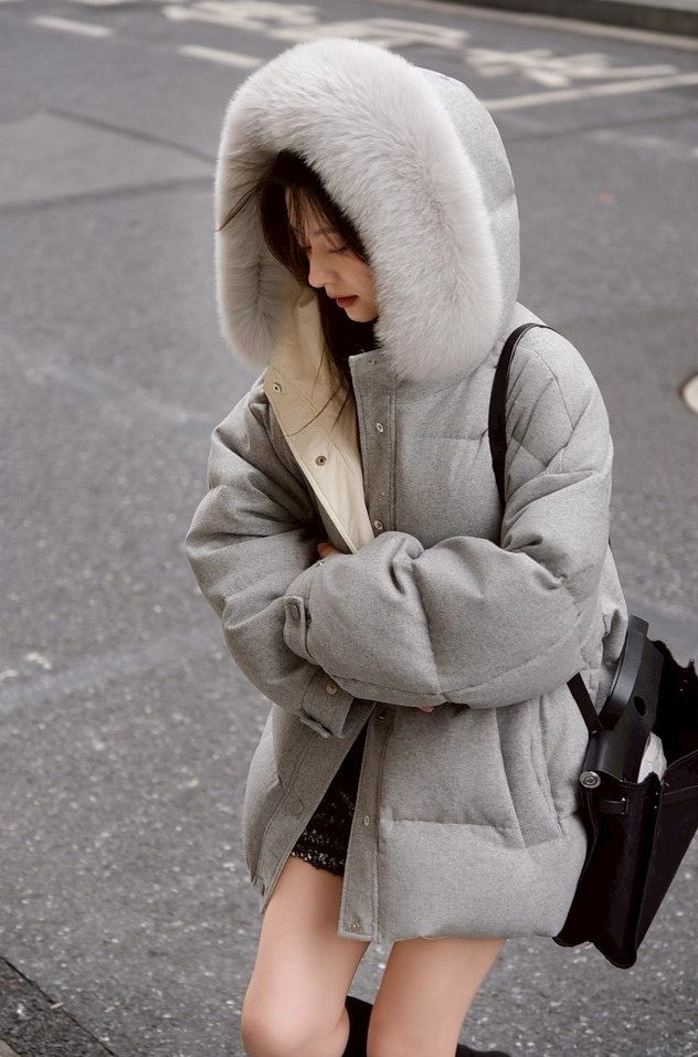 Thu. 安心90白鴨絨斜紋吐司毛毛連帽羽絨外套