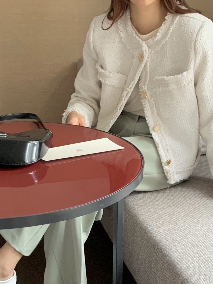 Thu. 小香粗呢鬚邊廓形西裝外套 白/黑