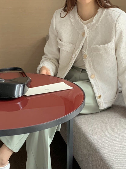 Thu. 小香粗呢鬚邊廓形西裝外套 白/黑