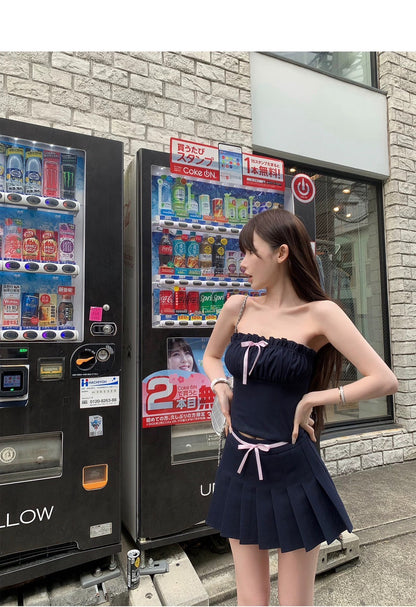 Fri. 藏青蝴蝶結少女 抓皺抹胸百褶裙套裝