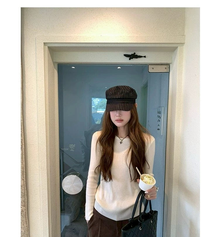 Thu. Cheese拿鐵韓系修身圓領針織打底 白/灰