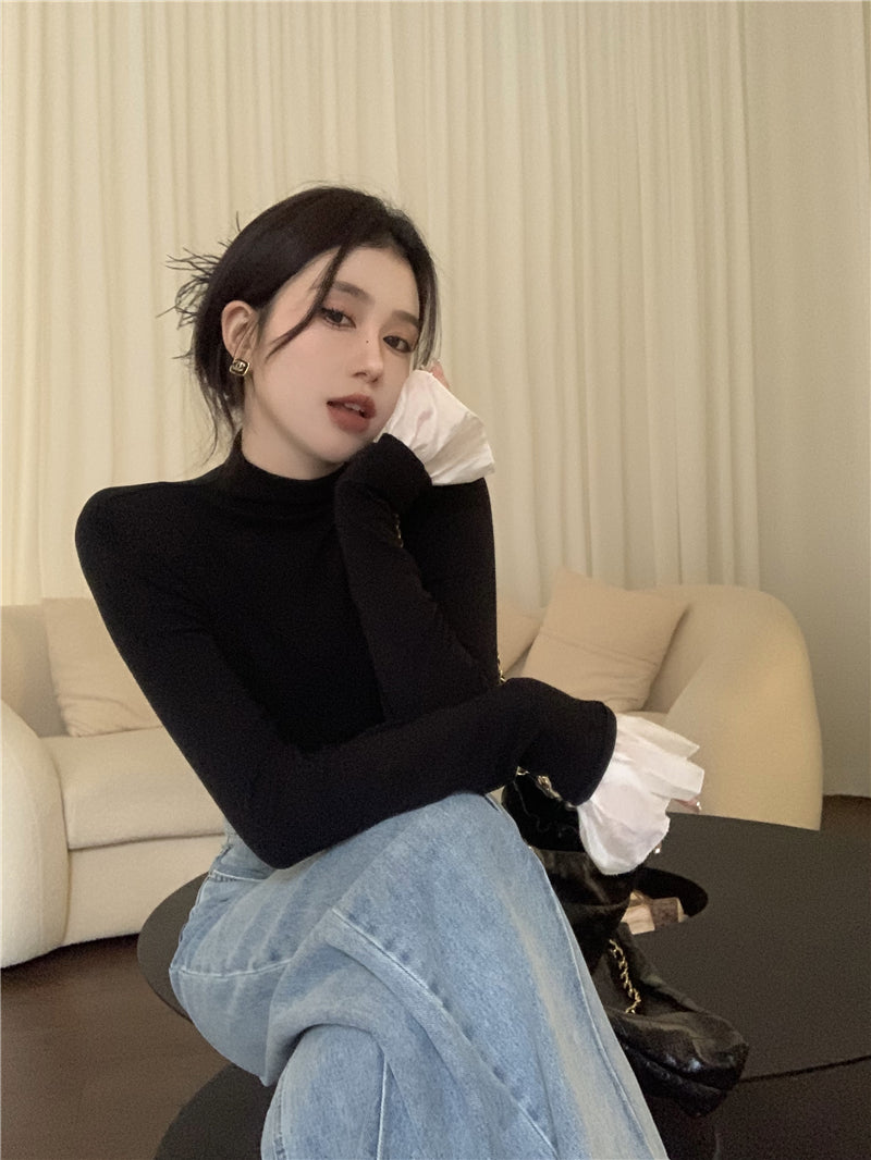 Wed. 法式高領花葉袖打底上衣 黑