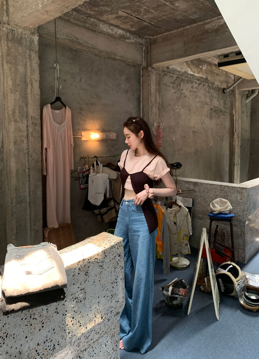 Thu. 撞色短版上衣+開叉背心 粉T棕色背心