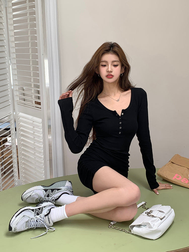 Fri. Basic薄長連身包臀裙 黑/卡其