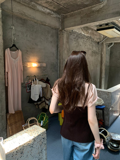 Thu. 撞色短版上衣+開叉背心 粉T棕色背心